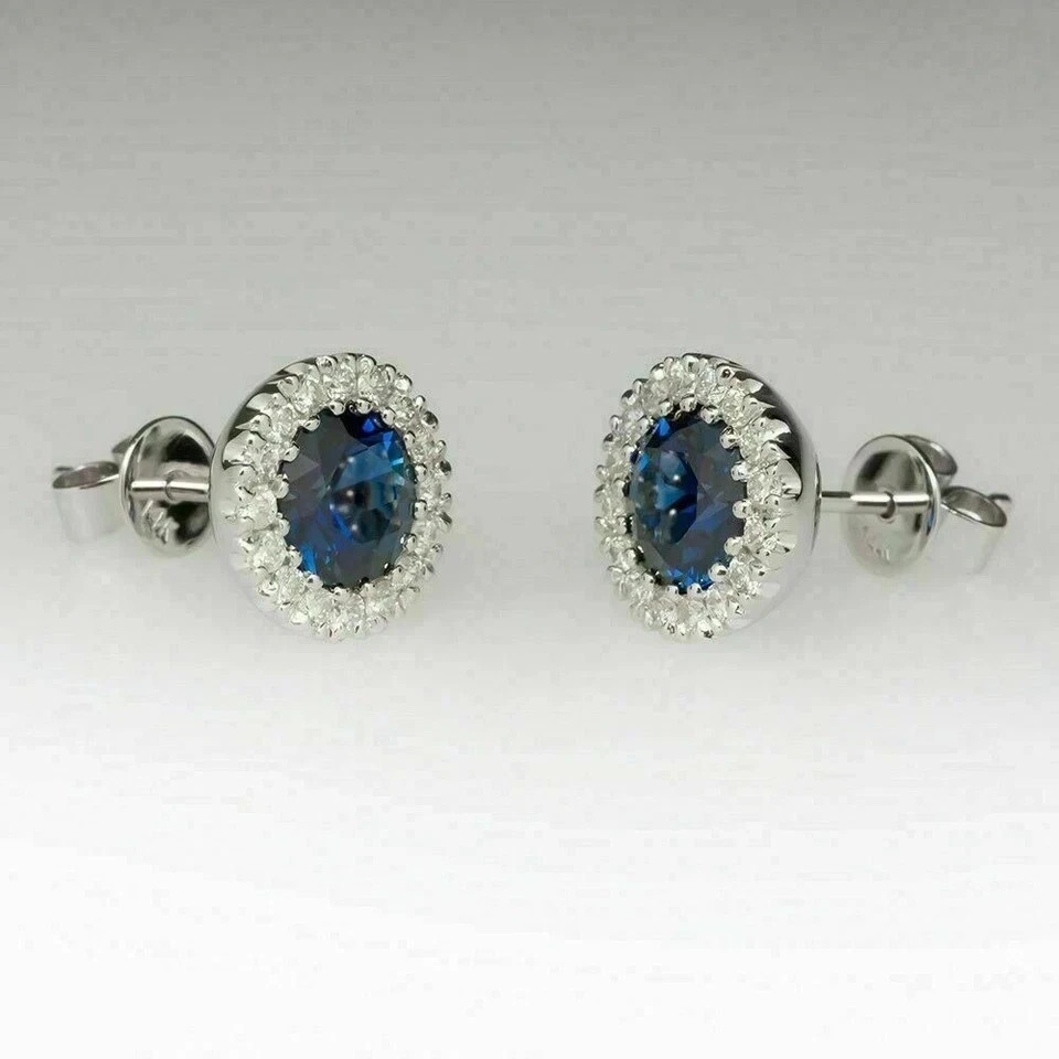 2Ct Round Lab Created Blue Sapphire Stud Earrings Womens 14K White Gold Plated