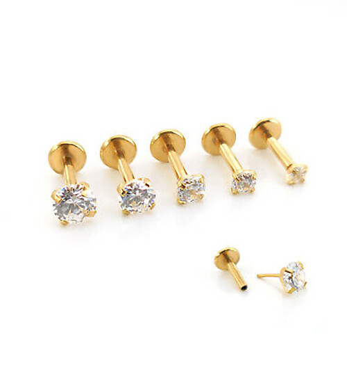 PAIR 20G 5/16″ GEM CZ GOLD THREADLESS PUSH IN PIN STEEL LABRET RING TRAGUS STUD