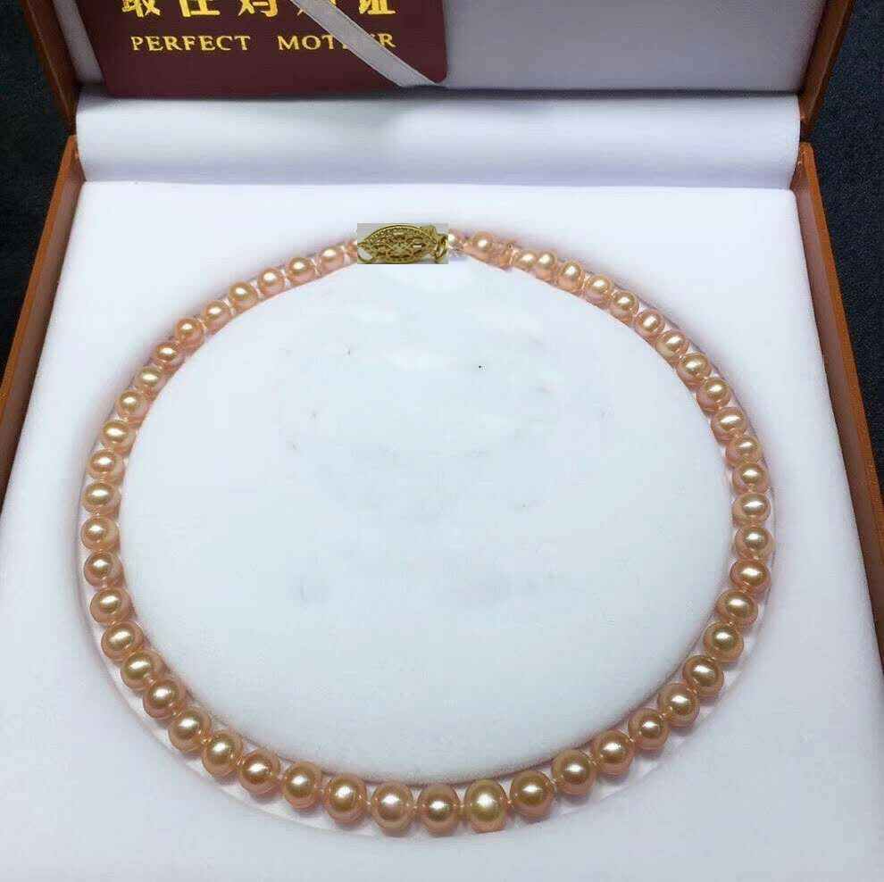 Charming AAA+ 7-8MM REAL SOUTH SEA NATURAL PINK PEARL NECKLACE 18″ 16“ 14K GOLD