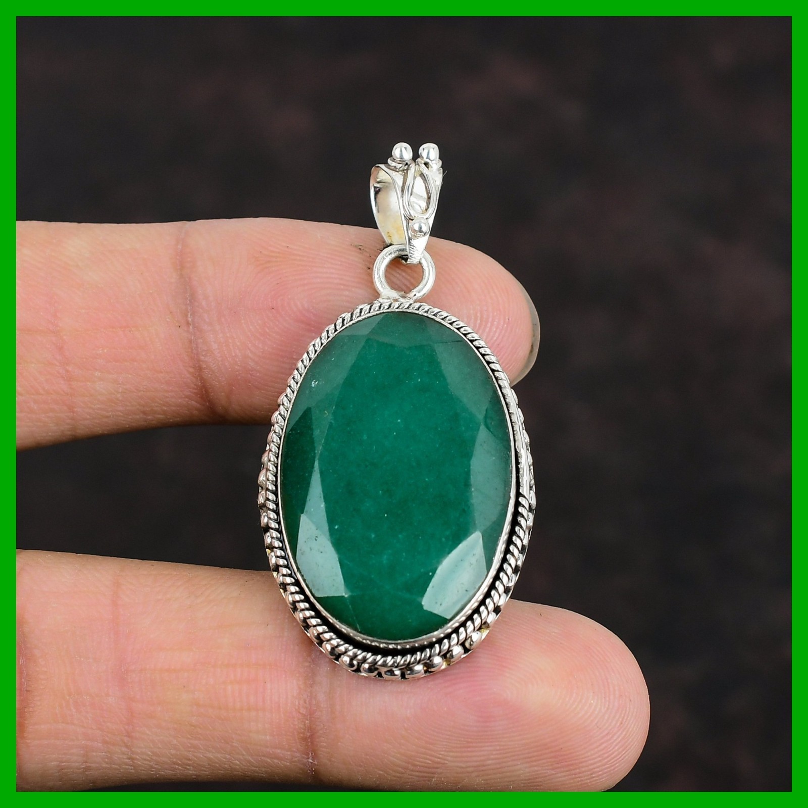 Friendship Day Deal Oval Zambian Emrald Gemstone Bezel Pendant Sterling Silver