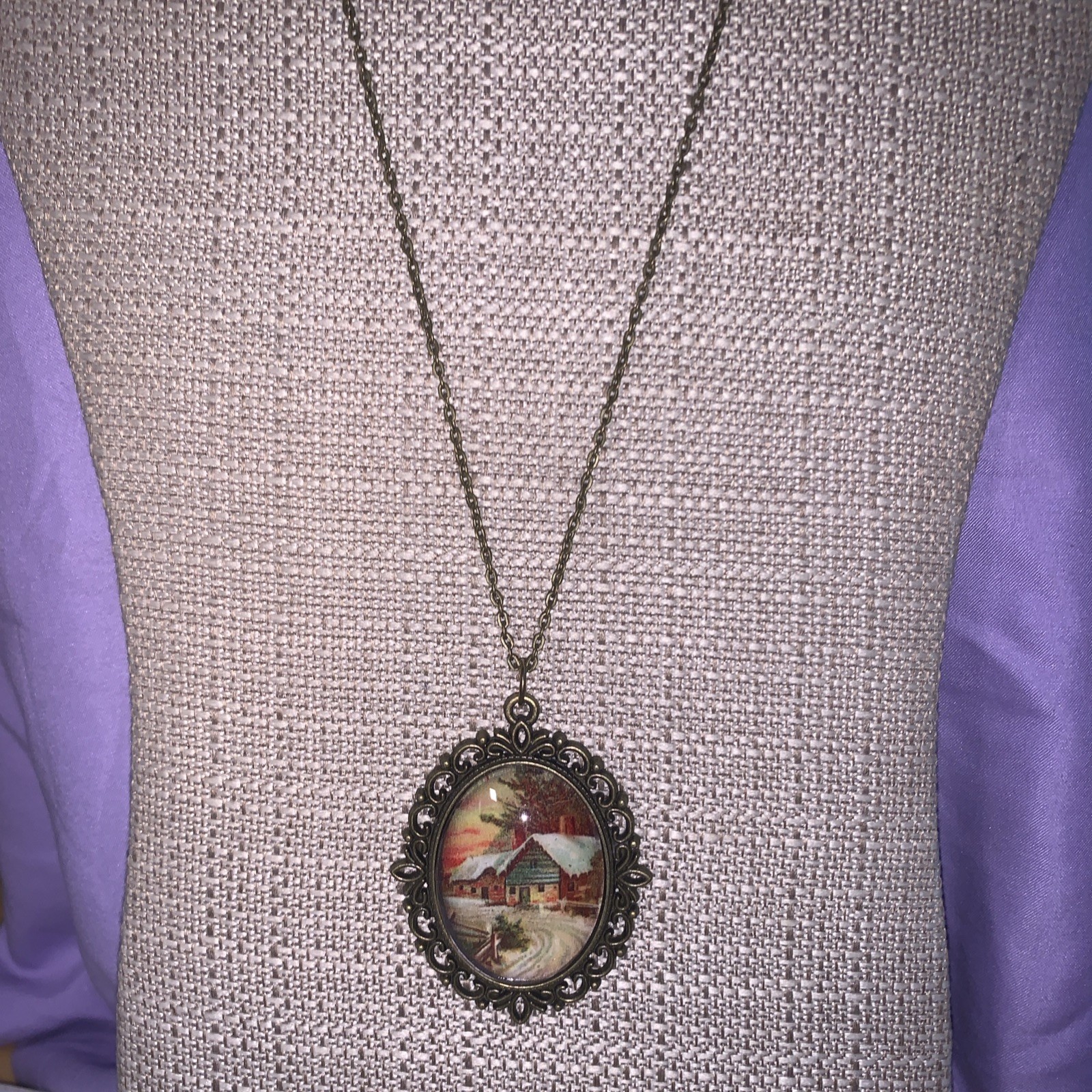 Cabochon Handmade Necklace With Winter Scene Bronze Chain And Pendant Tray