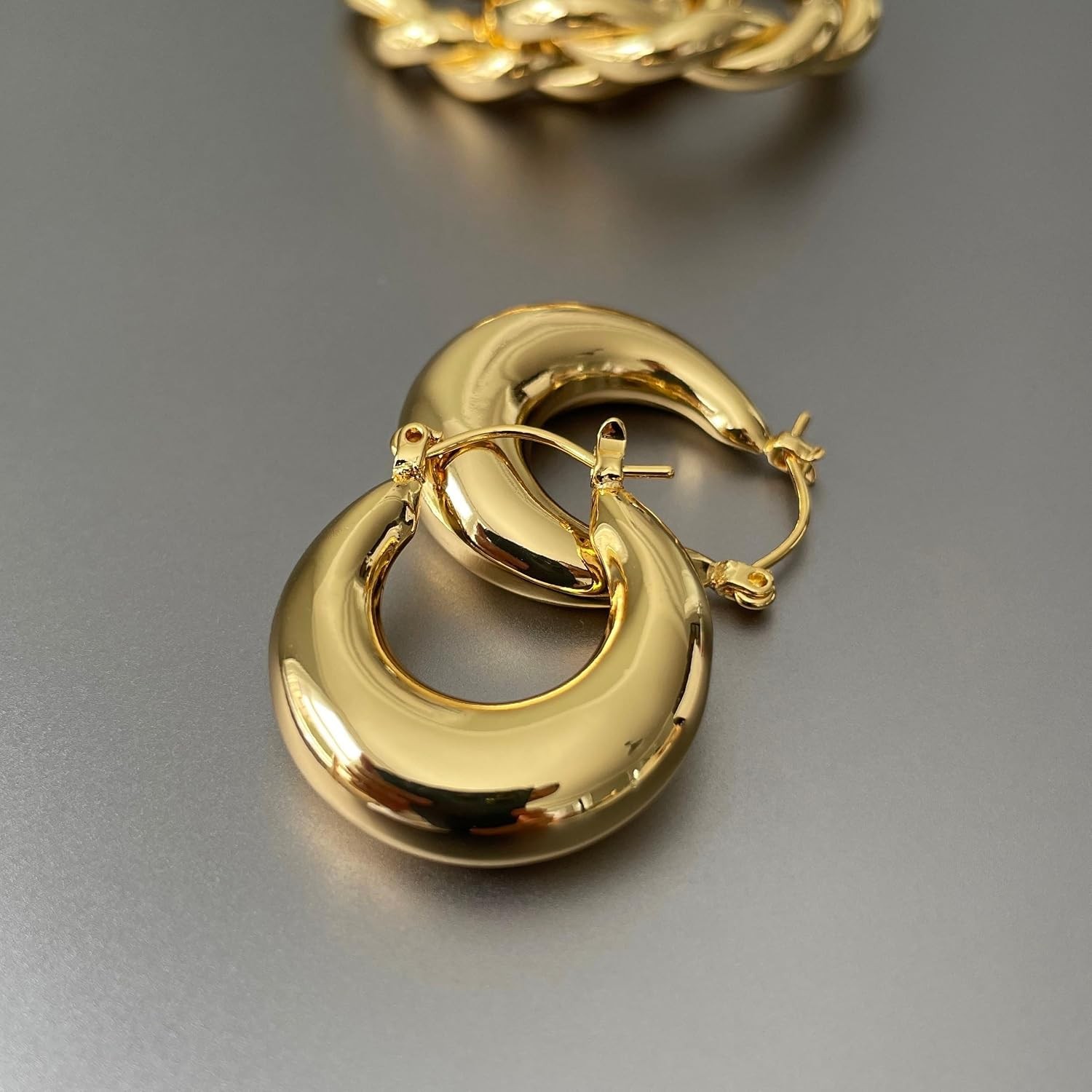Chunky Gold Hoop Earrings for Women Non Tarnish, 14K Gold Plated Thick Triple Ho