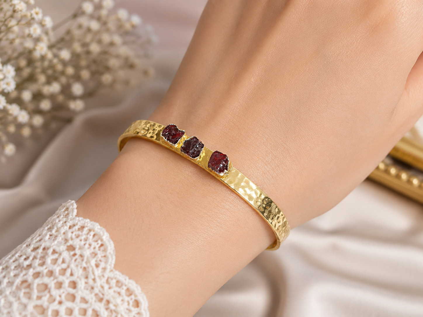 Natural Garnet Raw Bangle, 18k Gold Electroplated Bracelet, January Birthstone