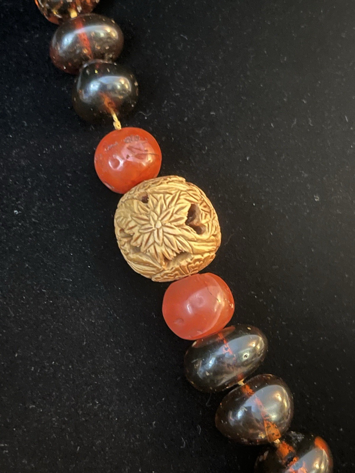 Baltic Amber Beaded Necklace Tied Nylon Cord with Carved Wood Frog/Floral Beads