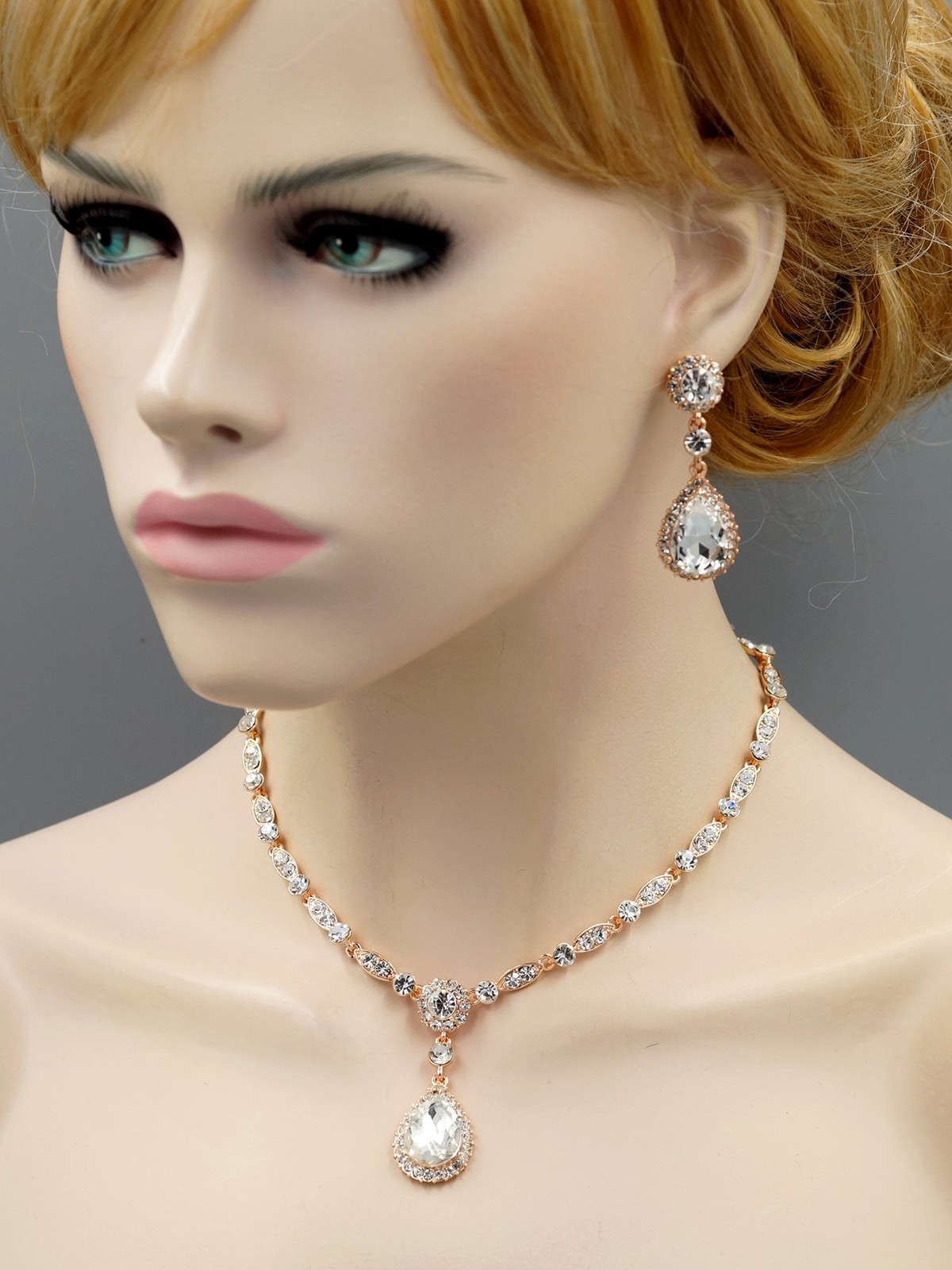 ROSE GOLD Plated Clear Crystal Necklace Pendant Earrings Wedding Jewelry Set 496