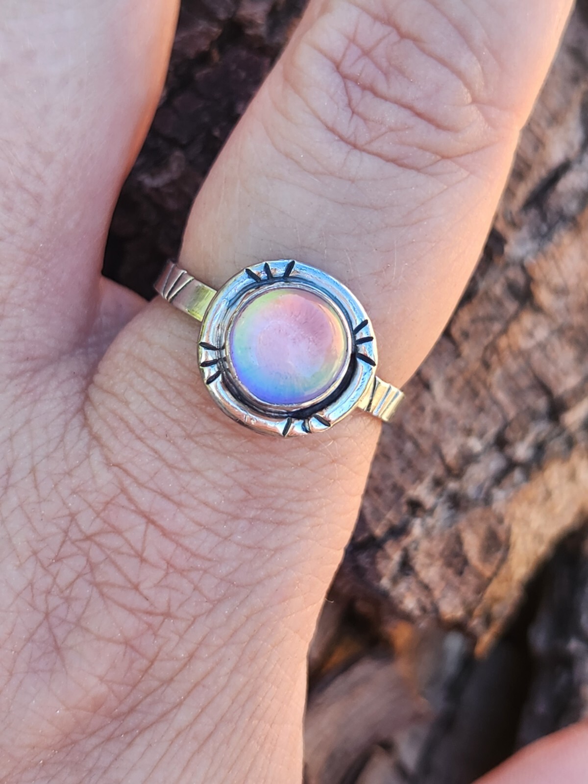 Aurora Opal Handmade Sterling Silver 925 Round Ring, Size 9 Pink Purple