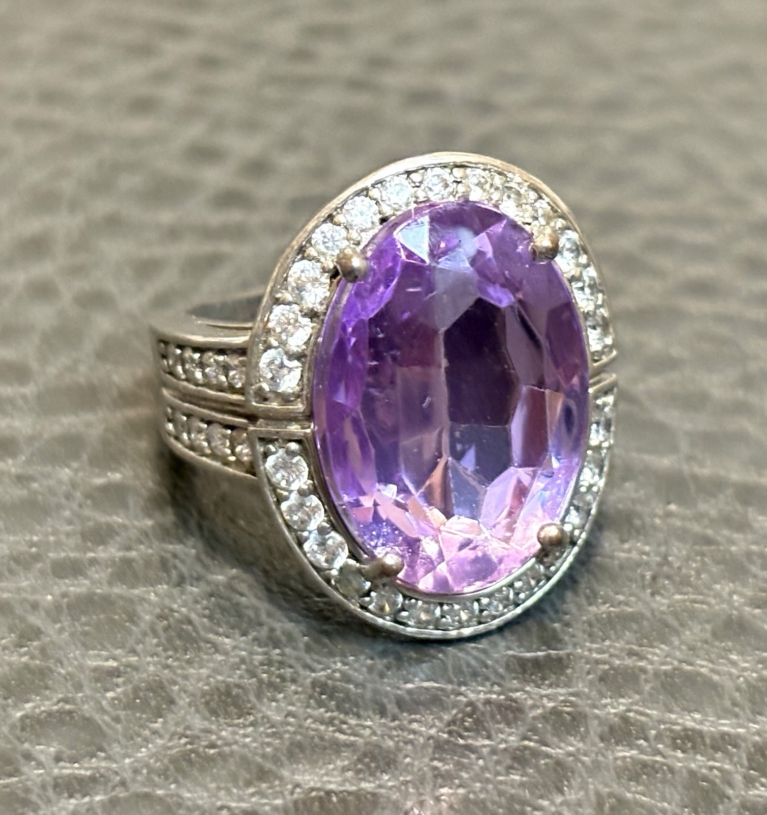 HUGE Faux Amethyst Crystal Rhinestone Statement Cocktail Silver Plated Ring 6.25