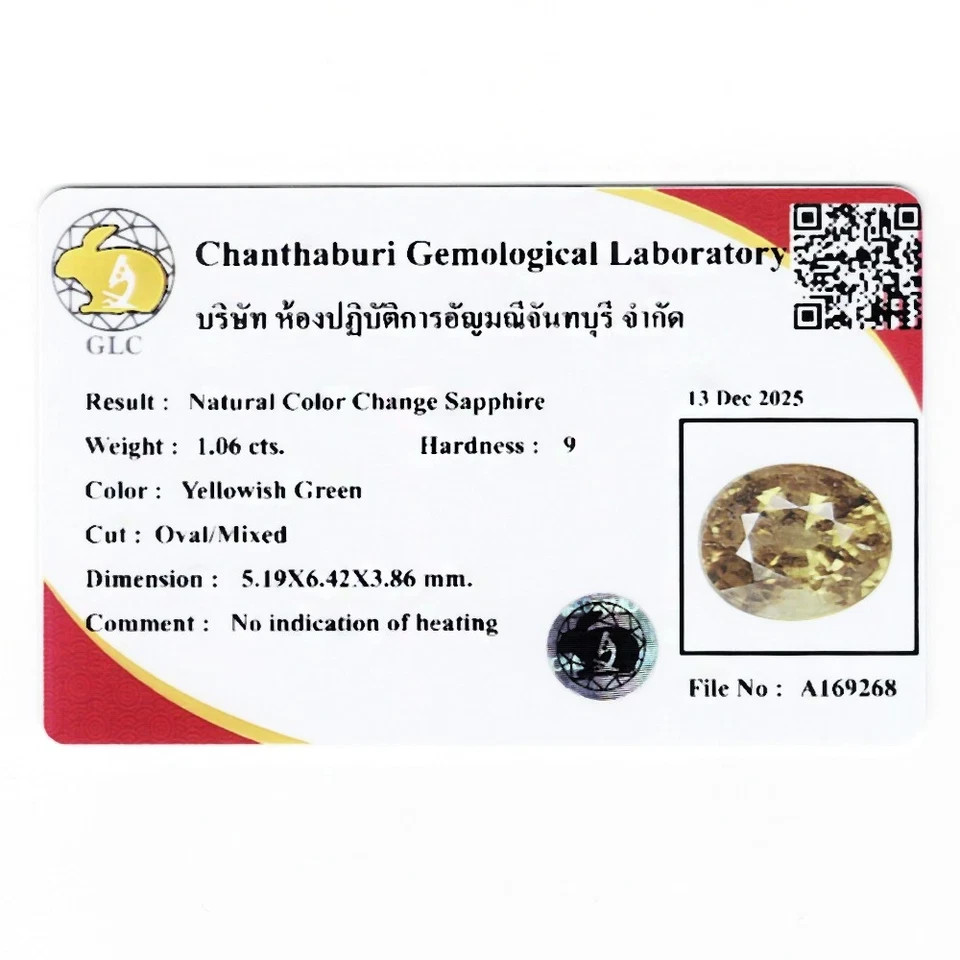 GLC Certified 1.06 Ct Natural Color Change Sapphire Unheated Oval Cut Gemstone