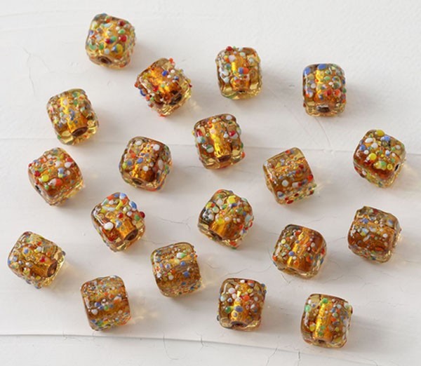 10pcs handmade Lampwork glass cubic Beads 10.6*10.6mm—Gold colorful dot