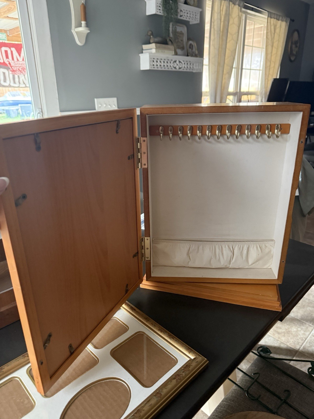 Vintage Wall Mounted Wood Jewelry Cabinet w/ Hooks, Photo Front, 25+ Pieces