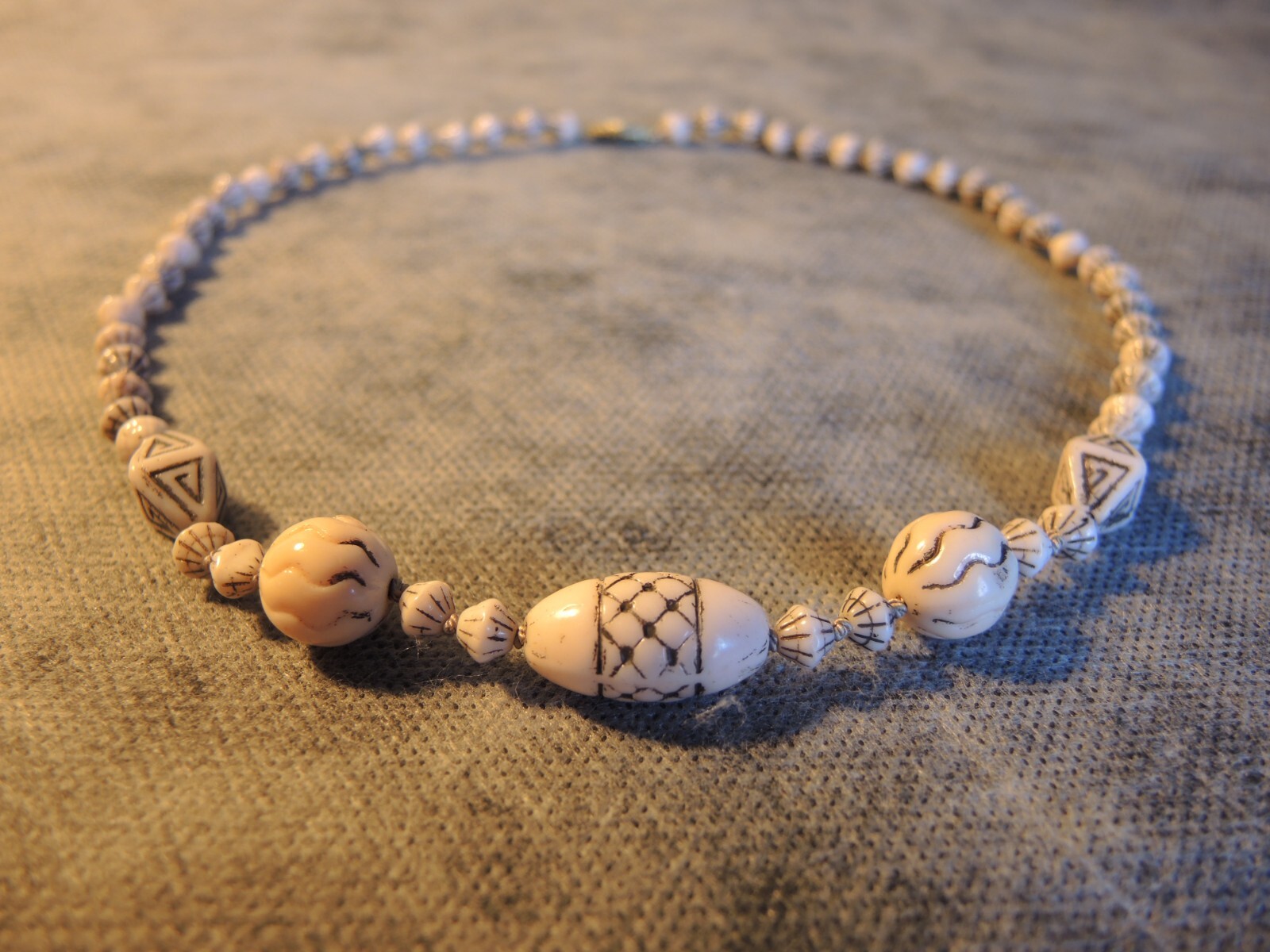 Rare Antique Czech Bohemian Molded Cream Glass Beads Necklace, Knotted