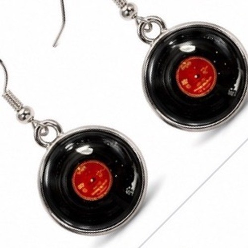 Retro Vinyl Record Dangle Earrings Black Red Music Lover Jewelry Silver Tone