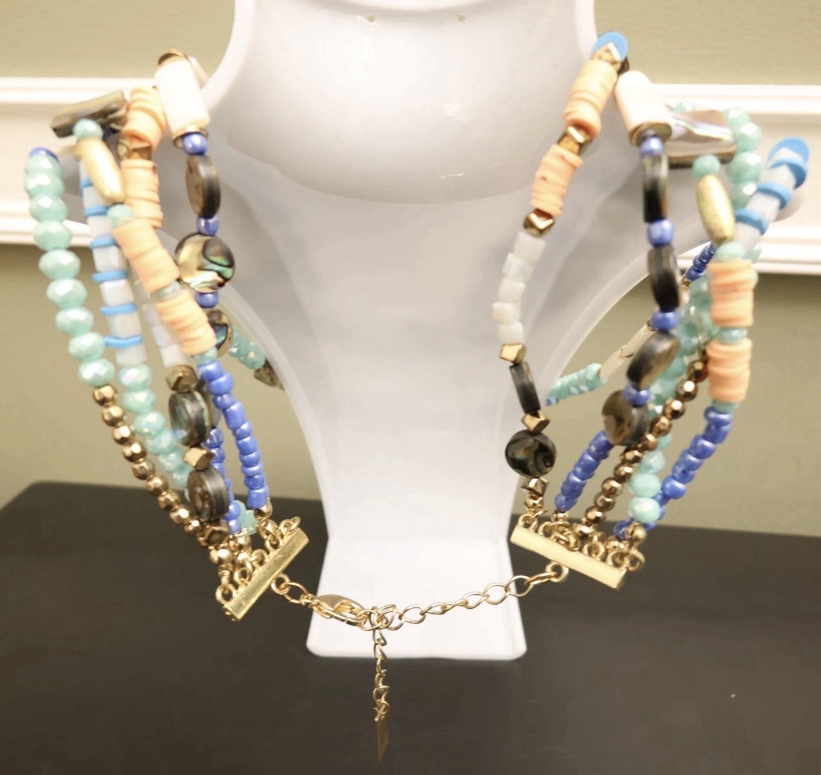 INC International Concepts necklace colorful beaded layers goldtone signed