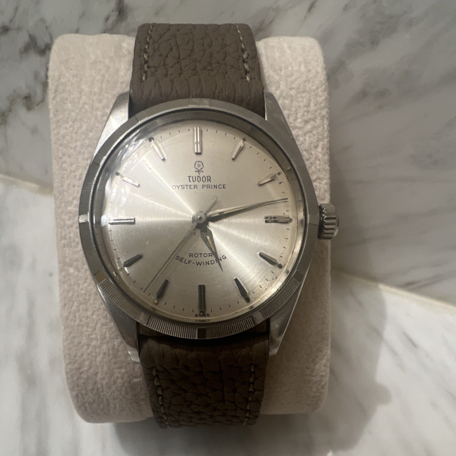 TUDOR Oyster Prince Automatic 34mm Silver Dial SS Brown Leather Strap Vintage