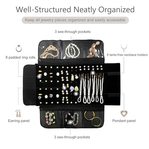 Velvet Travel Jewelry Organizer Case Roll Bag for Necklaces, Bracelets, Earrings