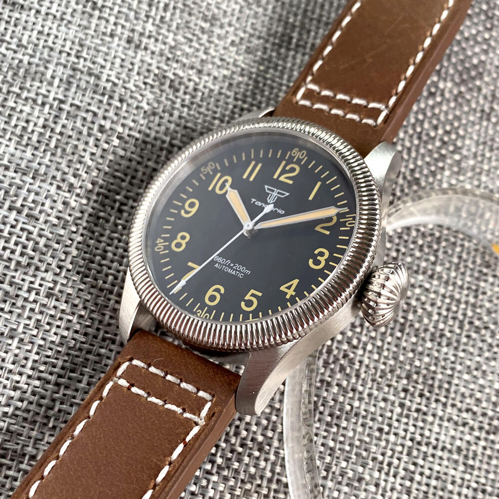 Tandorio 39mm Coin Bezel Pilot Black/Beige 20ATM Diver NH35 Automatic Men Watch