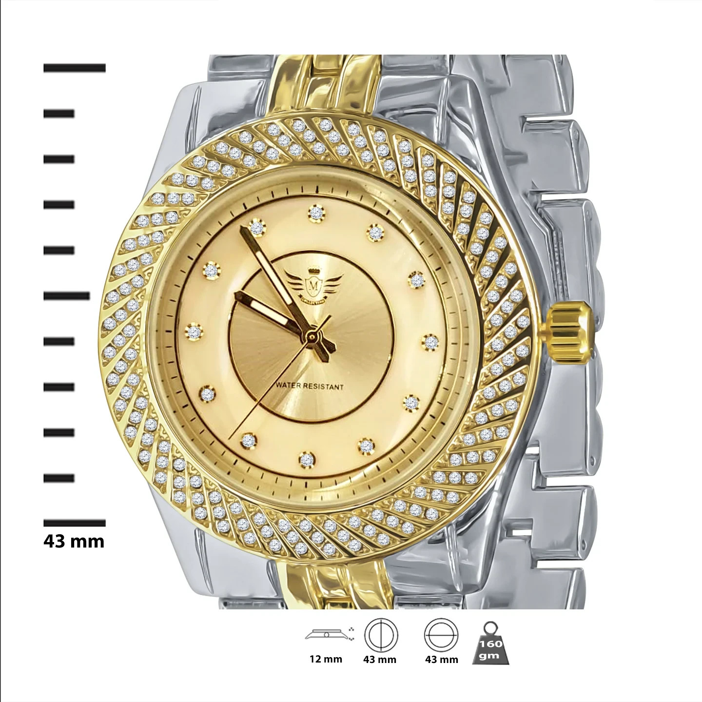 Mens Iced Out Watch Gold Silver Tone Crystal Bezel Quartz 43mm Steel