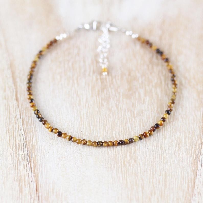 AA+ Natural Tiger’s Eye Round Gemstone Beads Bracelet In925Silver Woman Jewelry