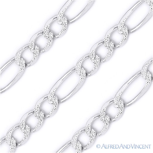 4.5mm Figaro Link Chain Diamond-Cut Pave Necklace in .925 Italy Sterling Silver