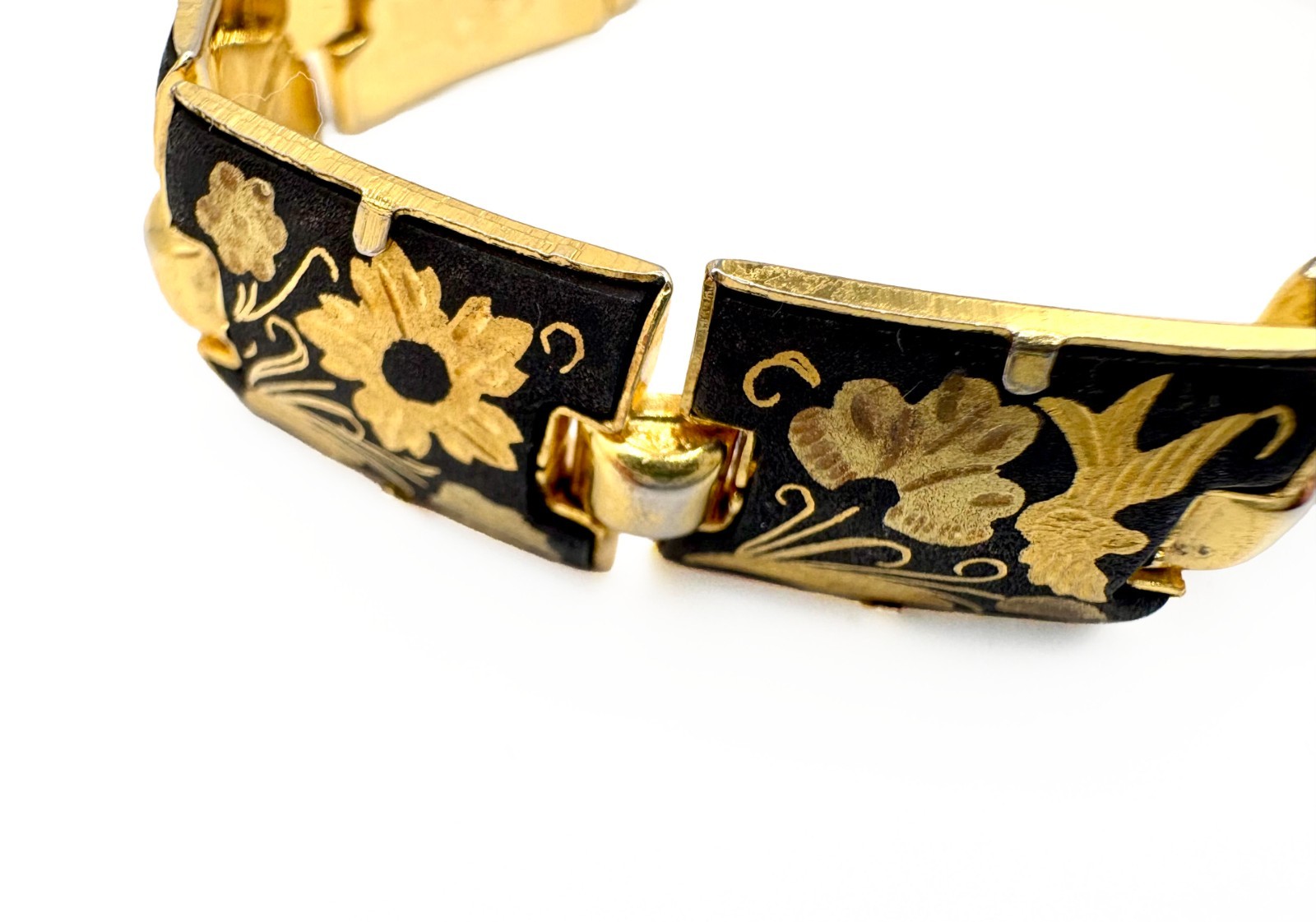 Vintage Damascene Link Bracelet Black Gold Floral Inlay Spain With Safety Chain