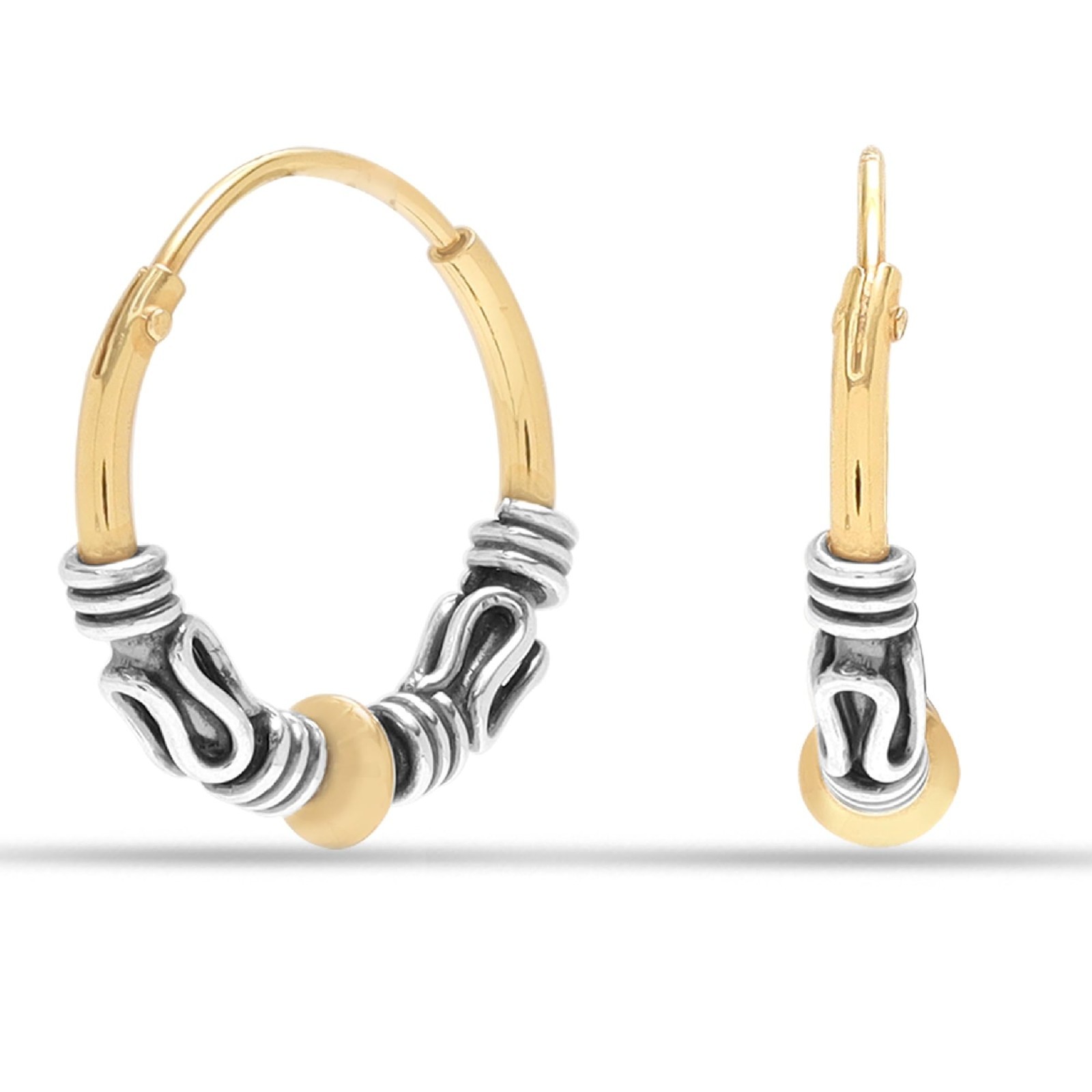 Real 925 Sterling Silver Two Tone Beaded Bali Endless Hoop Earrings for Women
