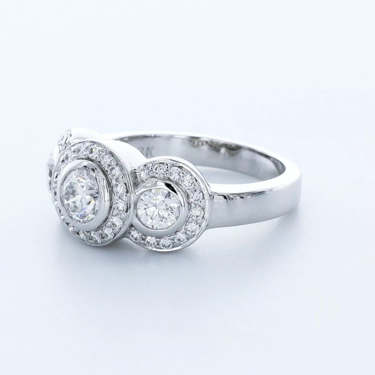 14K Gold 3-Stone Engagement Ring Halo 1.81 Carat Round Lab-Grown Diamond E VS1
