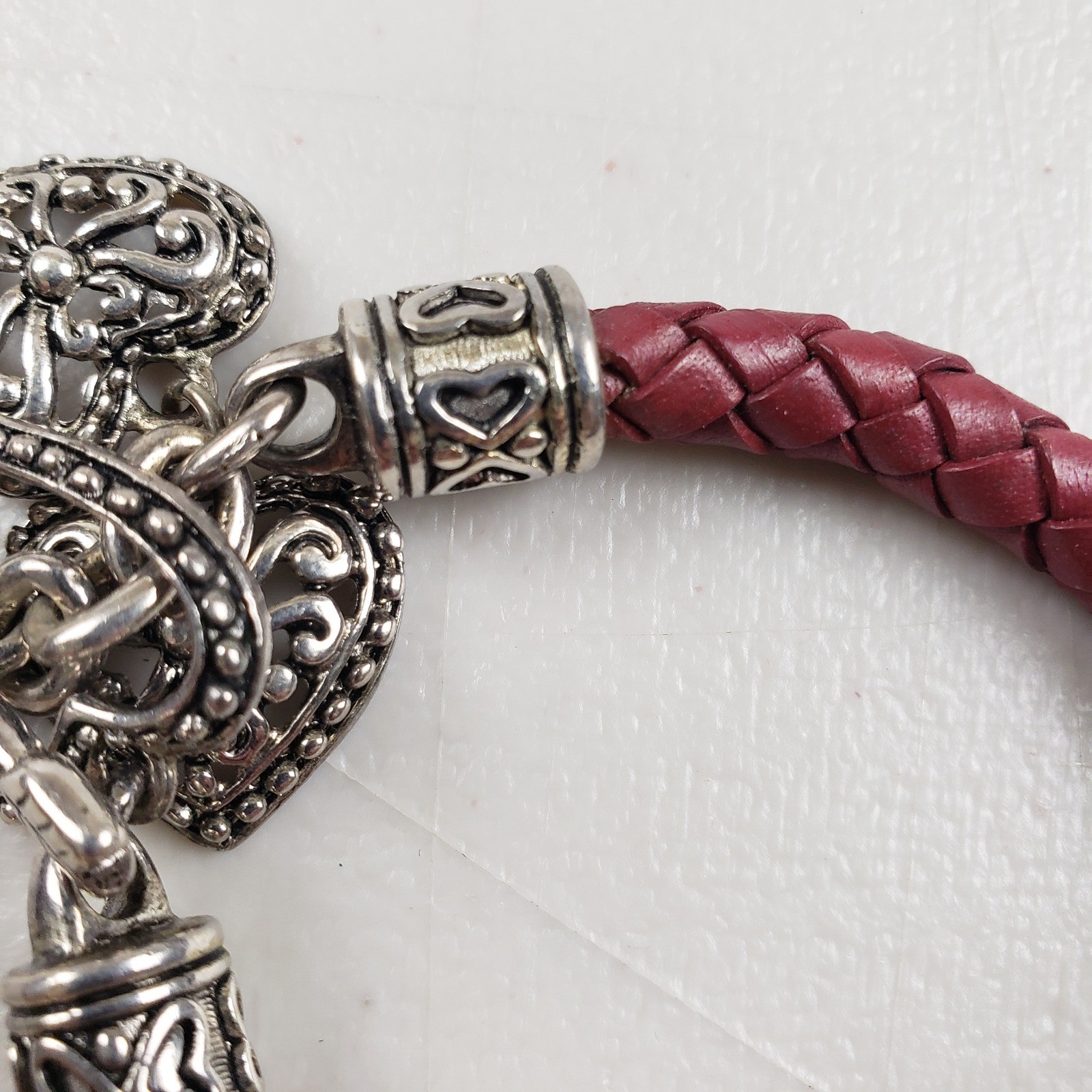 Burgundy Braided Leather Heart Charm Toggle Bracelet Silver Tone Filigree Boho