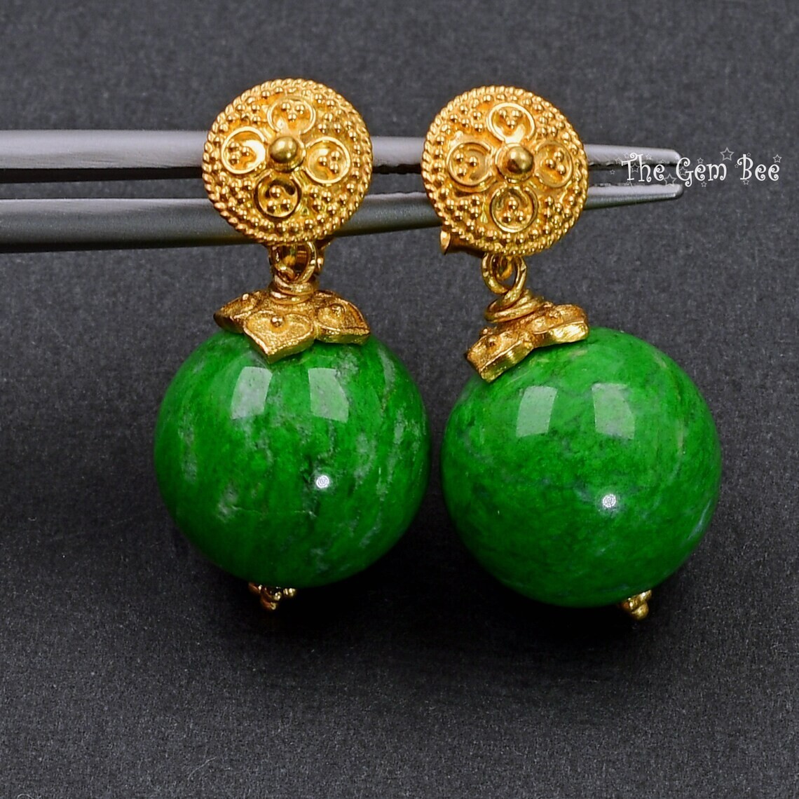 18K Solid Yellow Gold 13.2mm Maw Sit Sit Round Sphere Globe Bead Earrings