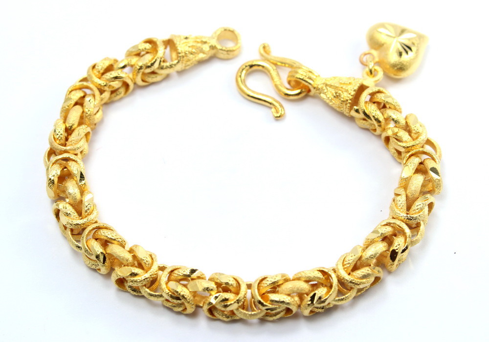 Beauty! Byzantine Bracelet Heart Charm 6.5″ 6.6mm 24K Gold GP Thai Made GT4