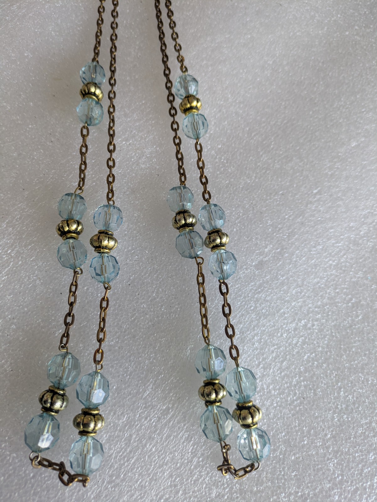 Vintage 2 Strand Necklace with Light Blue Beads And Gold Colored Beads.