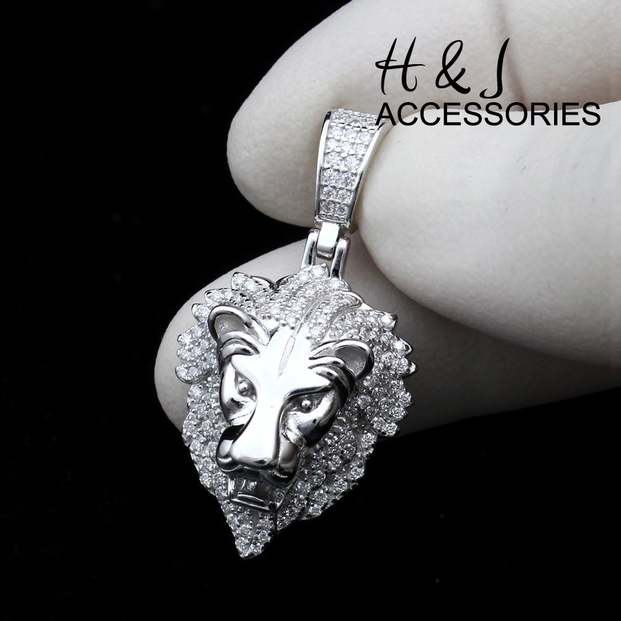 MEN SOLID 925 STERLING SILVER ICY BLING CZ SILVER LION FACE CHARM PENDANT*ASP185