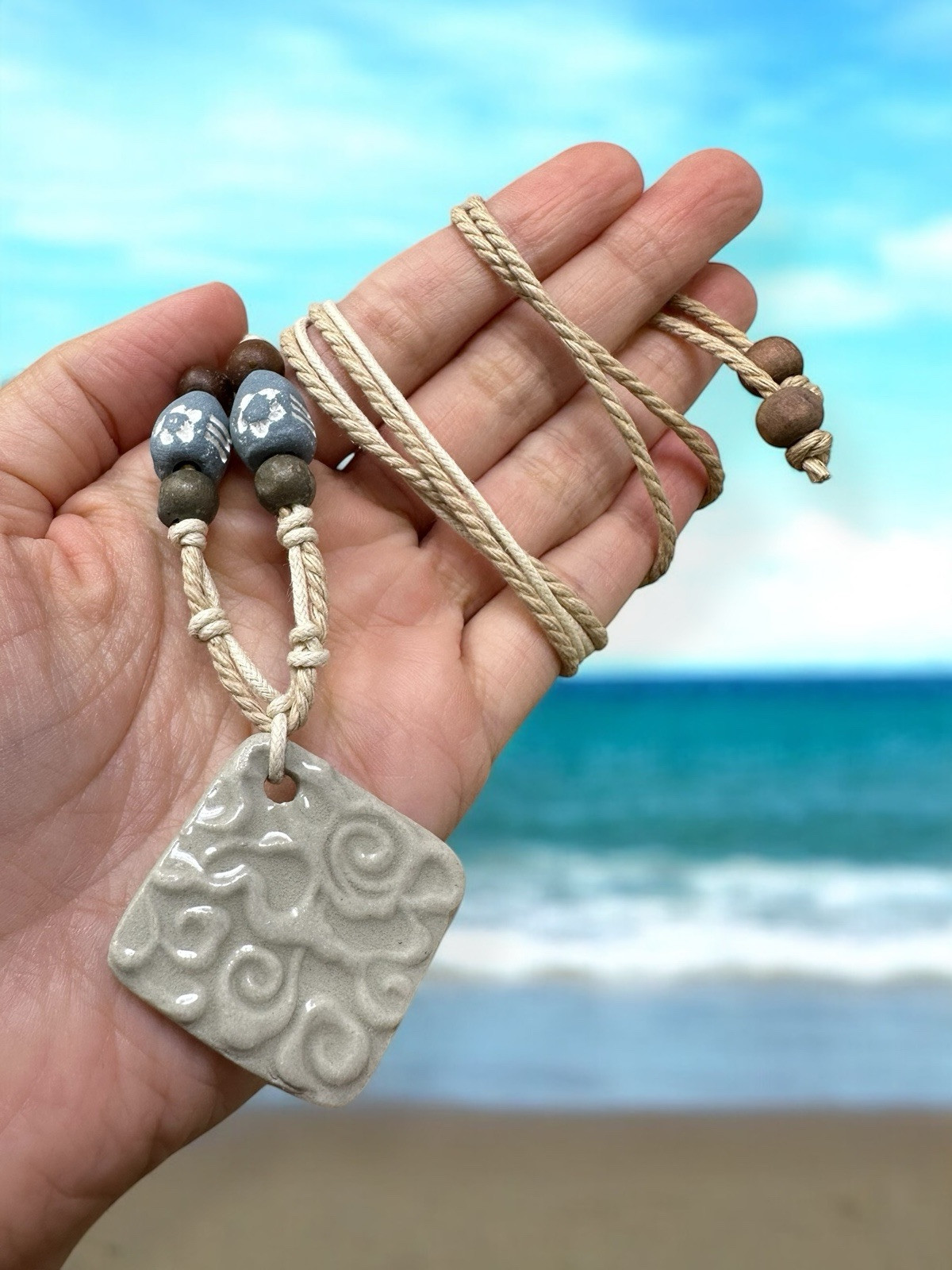Bohemian Coastal Handmade Necklace | Sand Beige Spiral Pendant | Beach-Inspired