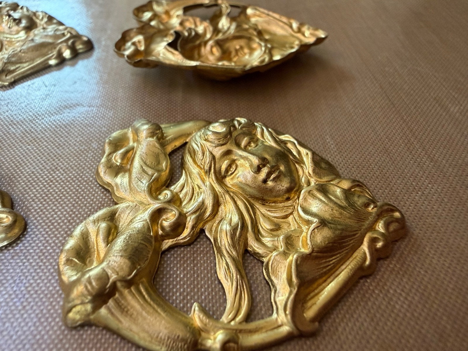 Lot 4 Vintage Solid Brass Art Nouveau Lady Calla Lily High Relief Stampings 46mm
