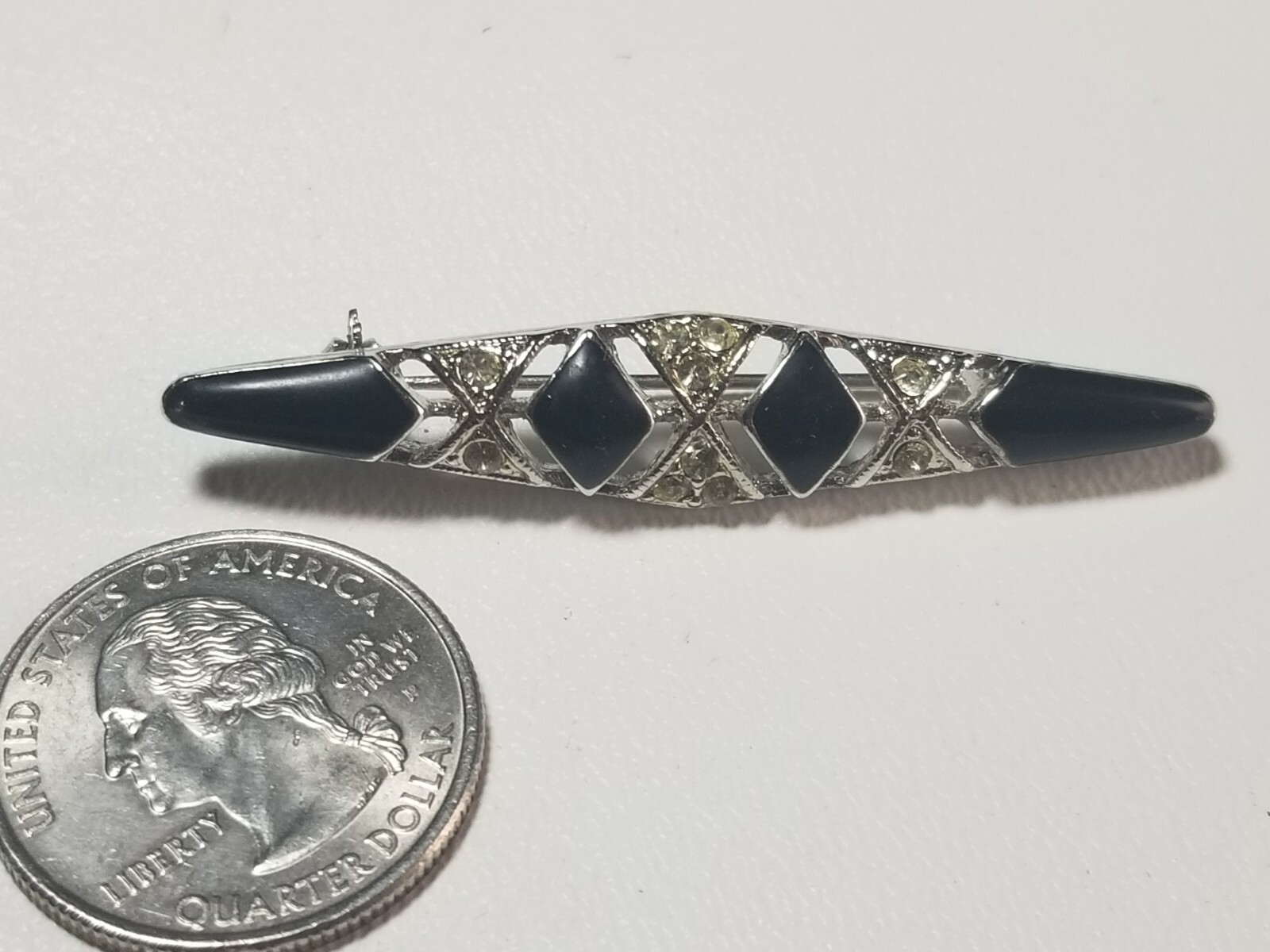 Art Deco Style Faux? Onyx Rhinestone Pin Brooch 2-1/8 in.