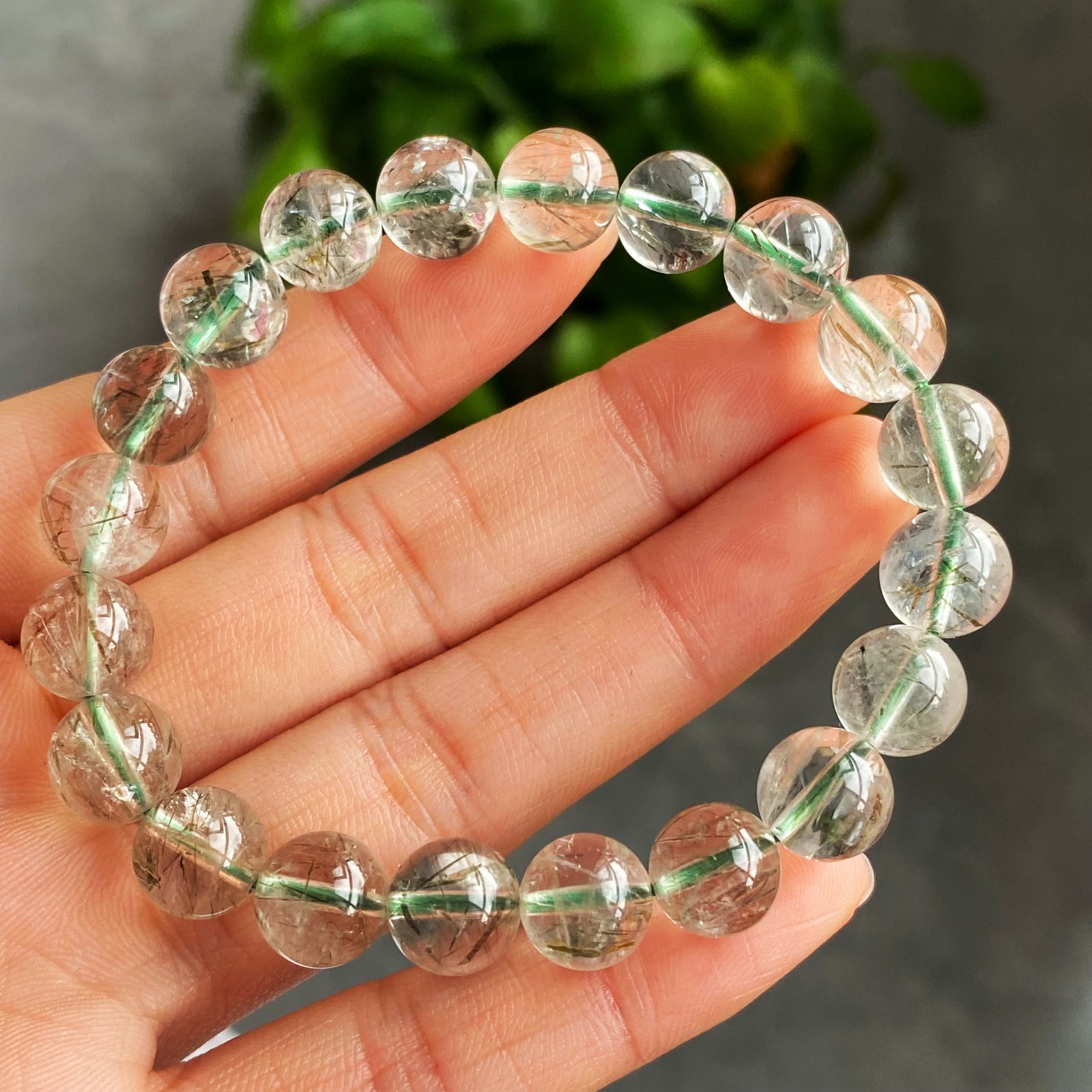 9.2mm Natural Green Tourmaline Rutilated Quartz Crystal Bracelet 3109