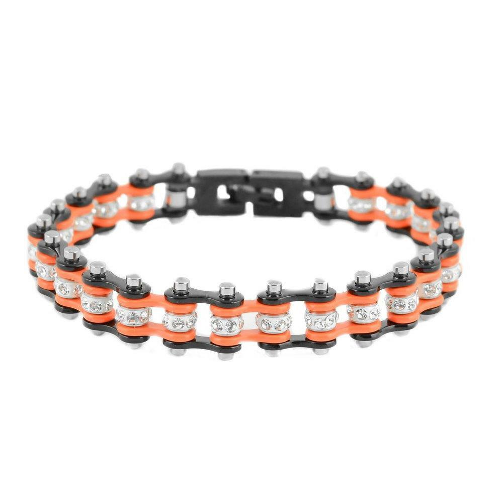 Women’s Black / Orange Motorcycle Mini Bike Chain Stainless Steel Bracelet 108