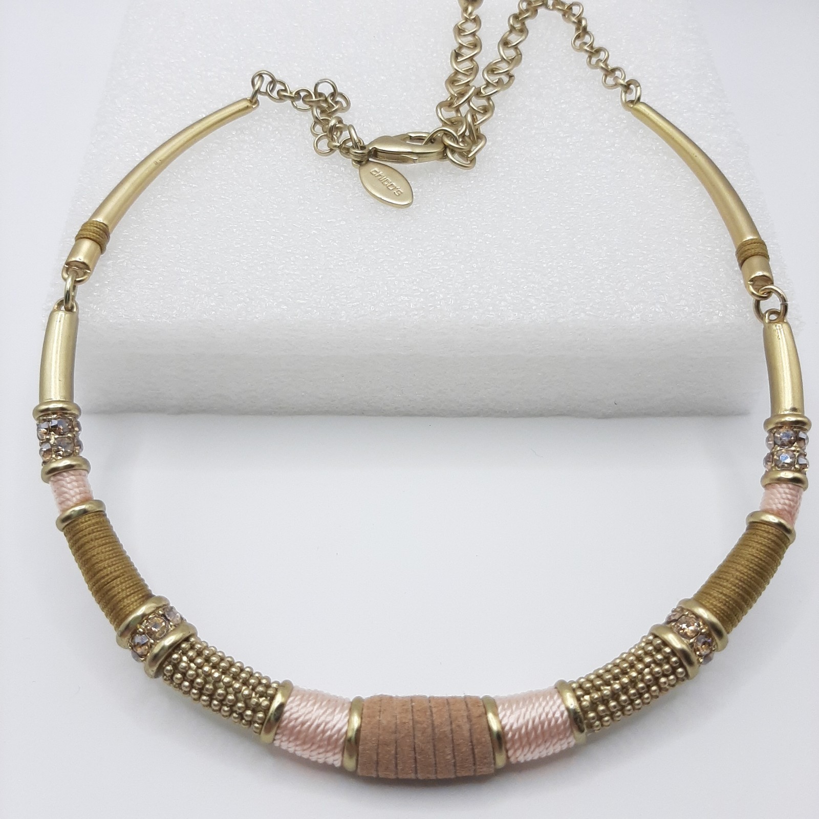 Chico’s Gold Tone Metal Pink Brown Neutral Mixed Material Statement Necklace