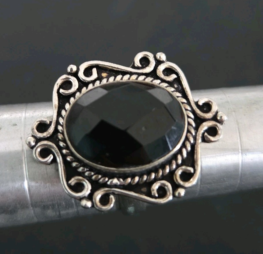 Black Cut Stone 925 stamp Silver Size 8 Ethnic style