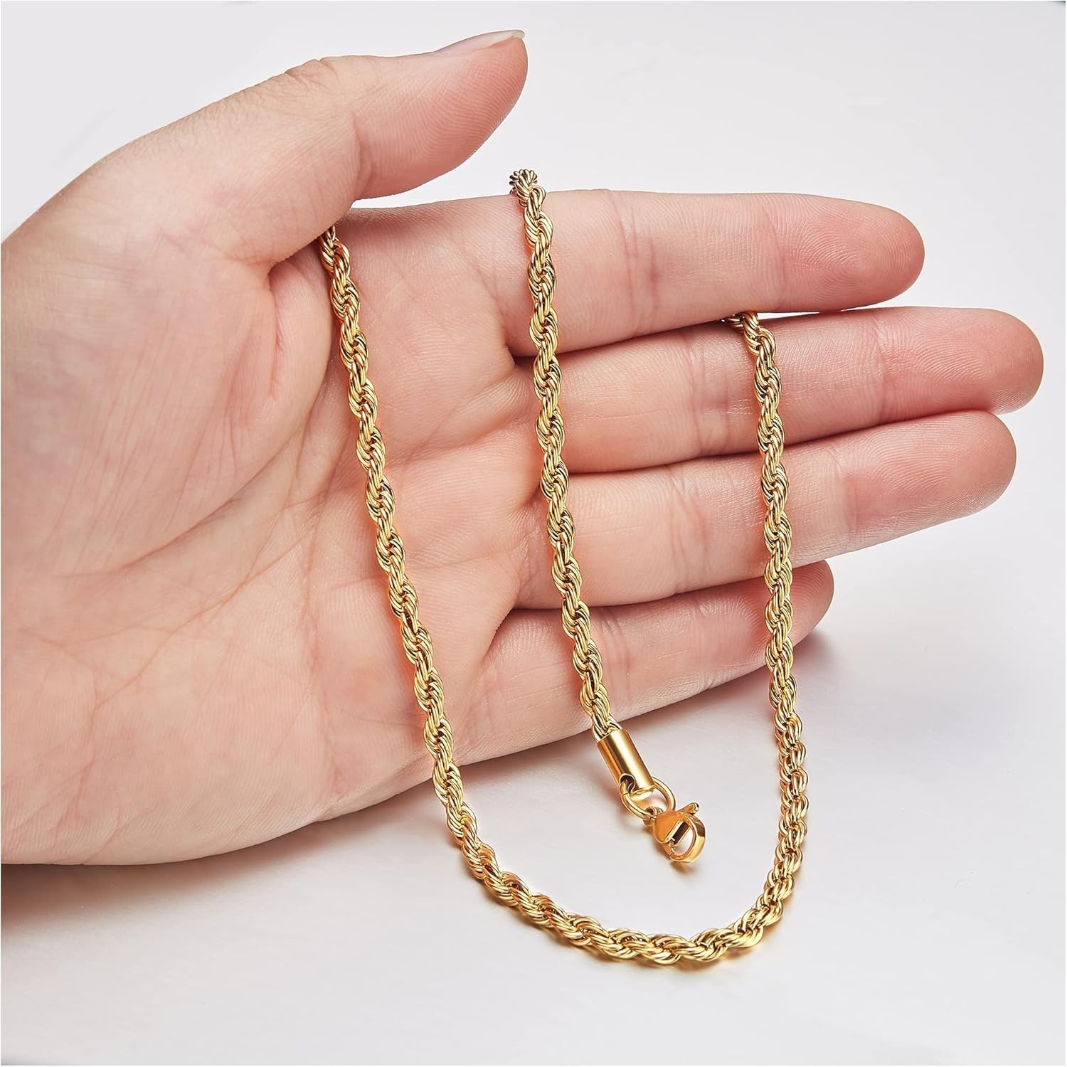 18K Gold Plated Rope Chain Necklace 1.5mm 2.5mm 5mm Stainless Steel