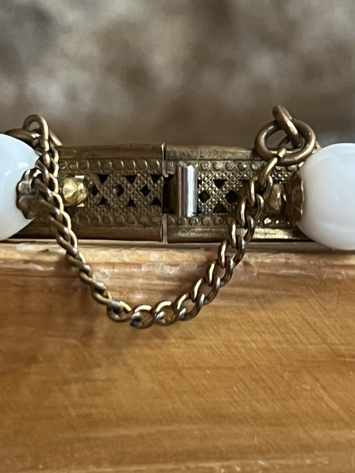 Vintage Miriam Haskell Bracelet 9” Brass Filigree Clasp Glass Beads Safety Chain