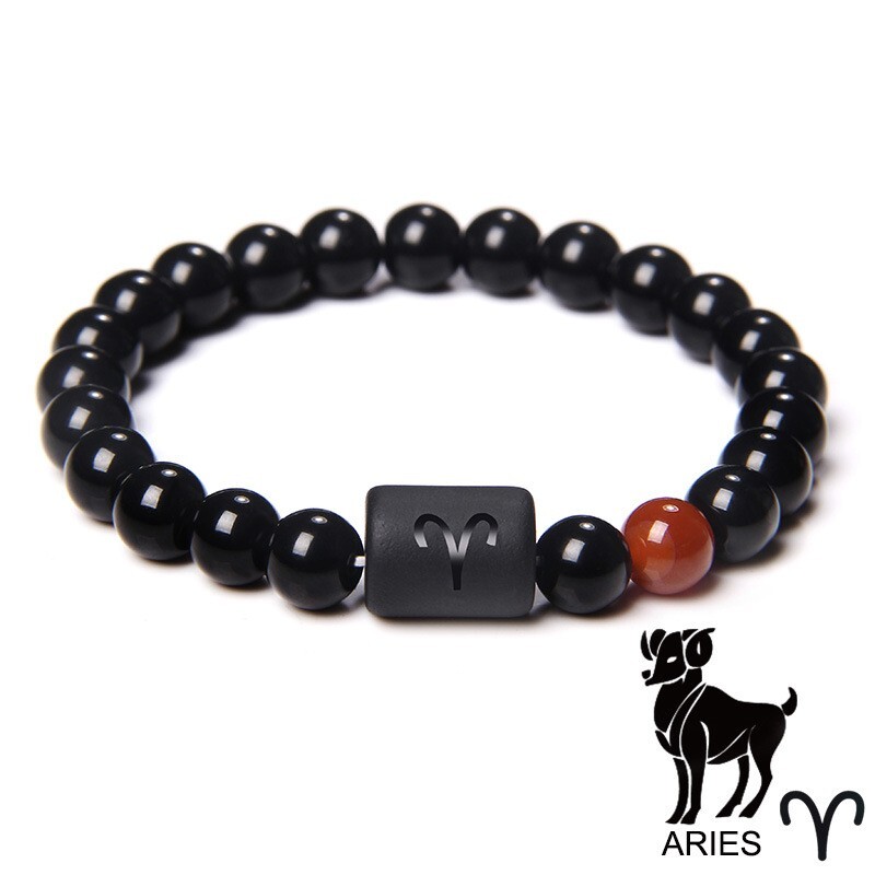 Zodiac Sign Natural Black Stone Beaded Elastic Stylish Bracelet Astrological