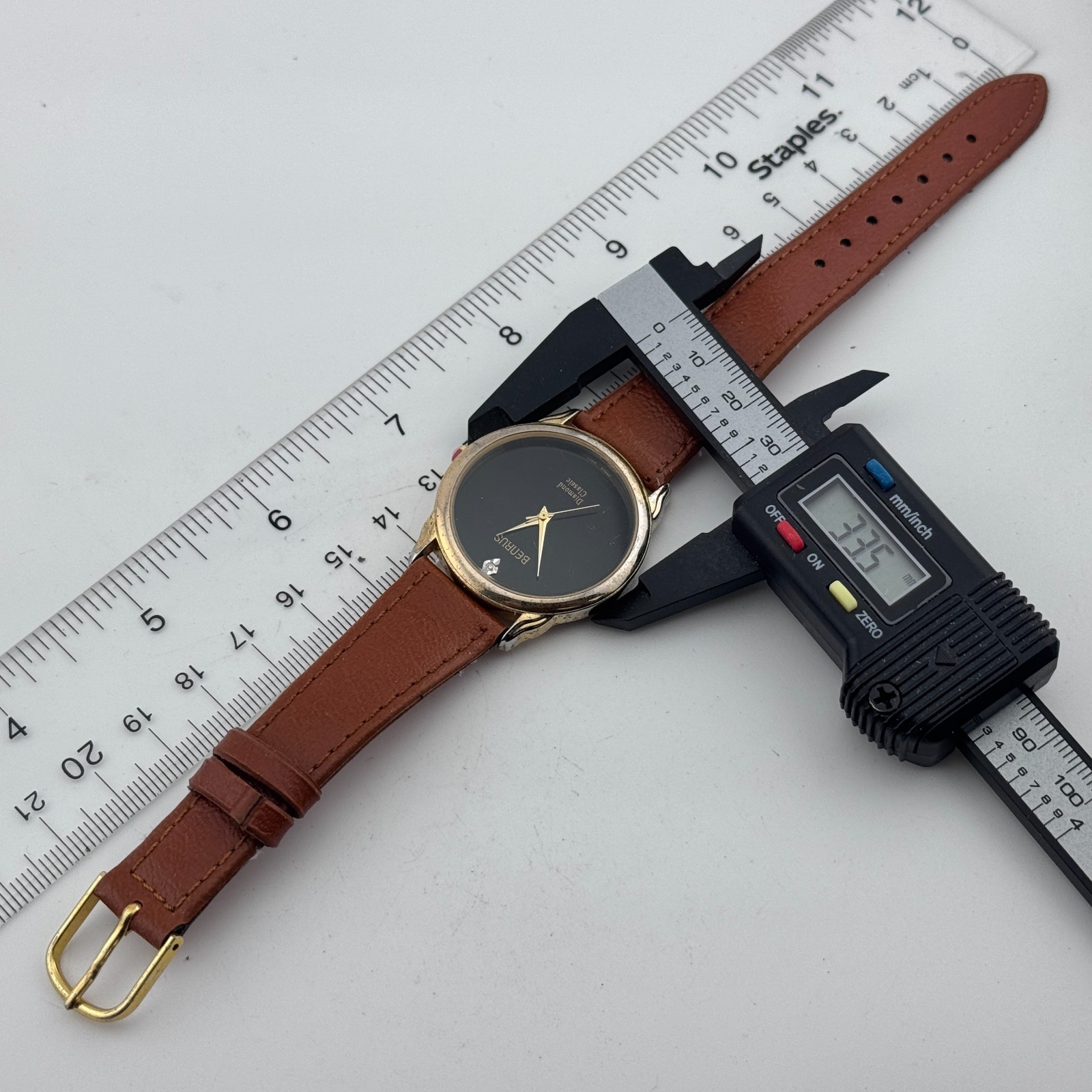 VTG Benrus Quartz Watch Men Gold Tone Diamond Black Leather Analog New Battery