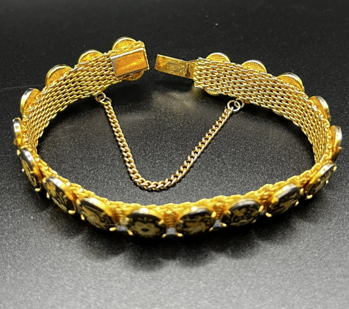 Vintage damascene Oval Panel Mesh Back Bird & Flower Bracelet