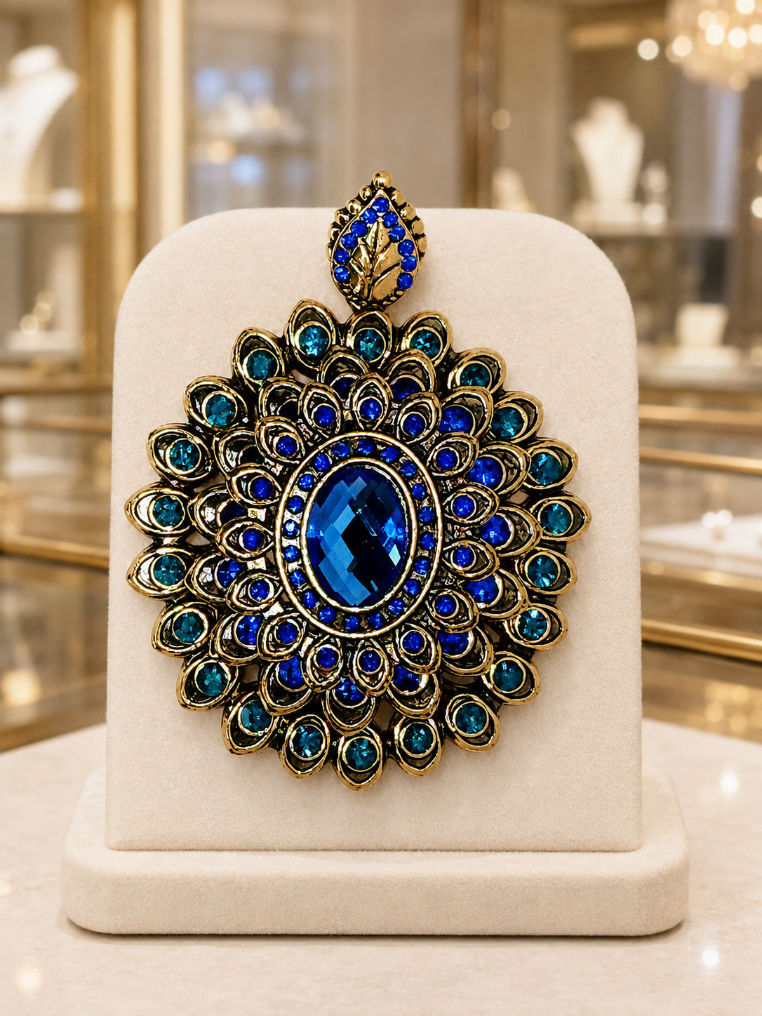 Ornate Gold-Tone Blue & Teal Rhinestone Peacock Statement BroochPendant