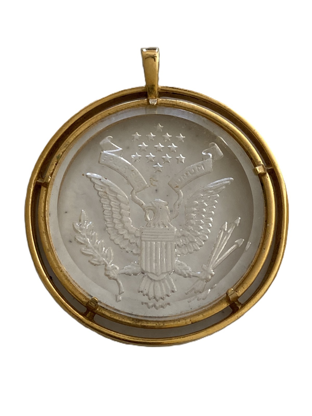 Vtg Crown Trifari Great Seal Eagle Clear Reverse Carved Cameo Pendant Gold Tone