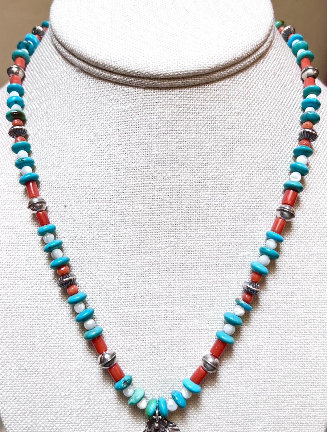 LOVELY Native, Navajo Signed Sterling Silver Turquoise, Coral, Etc Bird Necklace