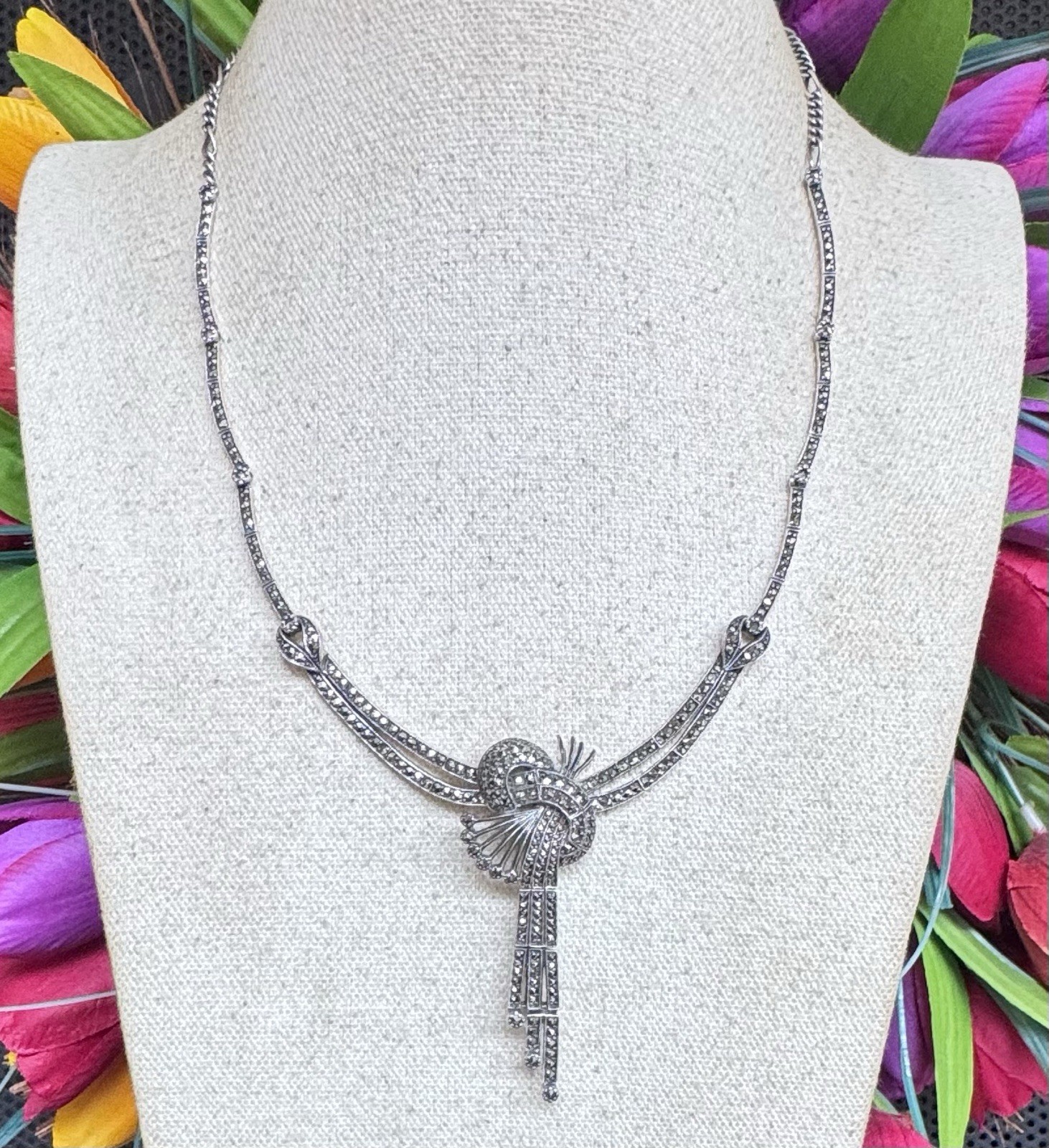 ART DECO ACI 925 STERLING SILVER KNOT NECKLACE MARCASITES #10