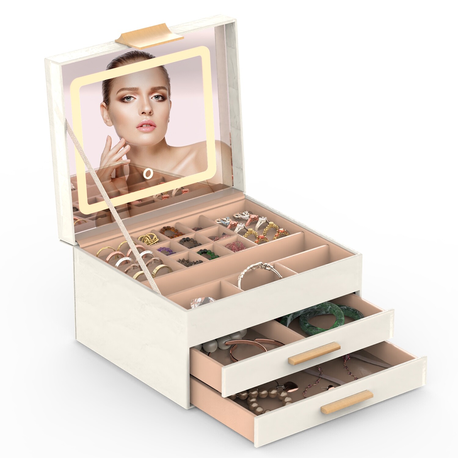 3-Layer Jewelry Box & LED Mirror Bedroom Earrings Rings Bracelets Box Organizer