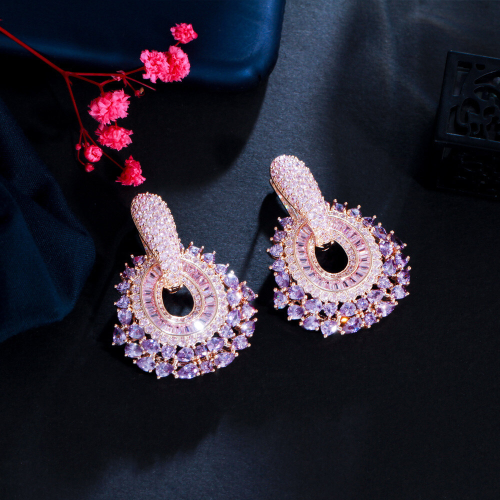 Statement 585 Gold Double Use Purple CZ Big Pave Dangle Drop Earrings for Women
