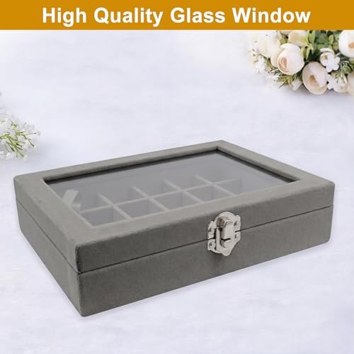 Zorfeter 24 Grid Velvet Jewelry Box, Lockable Organizer with Clear Lid Grey